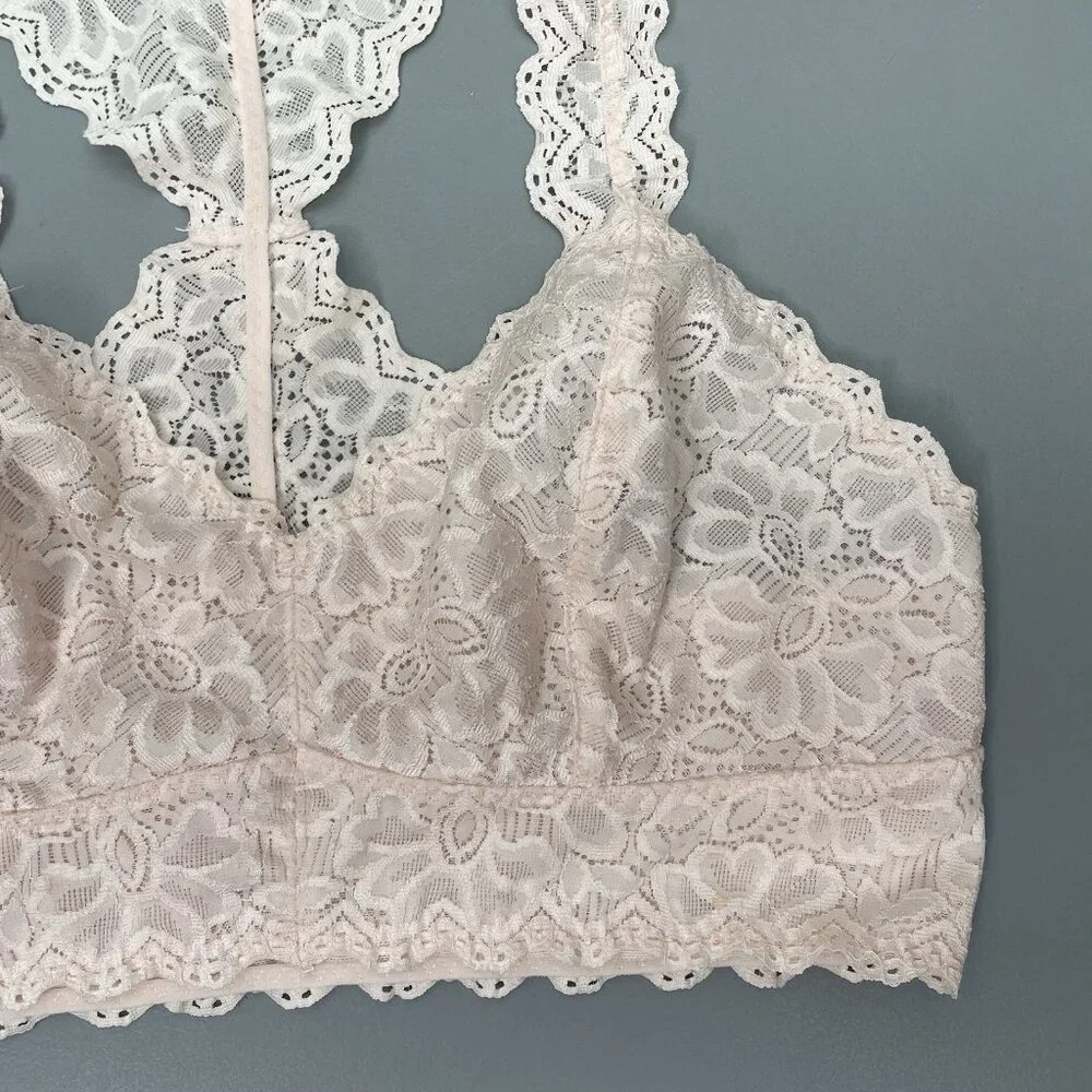 Felina Bra Light Pink Wireless Unlined Racerback Coquette Bralette Floral Lace M